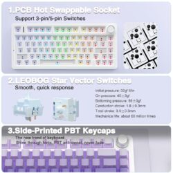 AULA F75 Pro 75% Gasket Wireless Mechanical Keyboard Gradient Purple Side-Engraved Keycaps Star Vector Switch