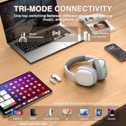 AULA G7 Pro Over-Ear PC Microphone Wireless Gaming Headset, Bluetooth / 2.4G / Wired Low-Latency ,USB 7.1 Sound Card White