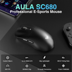 AULA SC680 Tri-Mode PAW3395 Sensor, Adjustable 26000 DPI Wireless Gaming Mouse Black