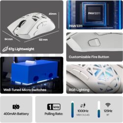 Aula SC620 2.4G/USB-C/BT, Adjustable 12,000 DPI, PAW3311 Sensor Wireless Gaming Mouse White