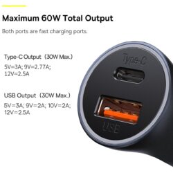 Baseus Golden Contactor Max Fast Car Charger USB + USB Type C 60 W Quick Charge Dark Grey (CGJM000113) - Image 6
