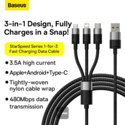 Baseus StarSpeed 1-for-3 Fast Charging Data Cable USB to M+L+C 3.5A 1.2m Black - Image 2