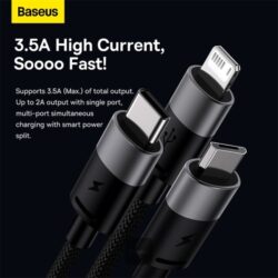 Baseus StarSpeed 1-for-3 Fast Charging Data Cable USB to M+L+C 3.5A 1.2m Black - Image 3