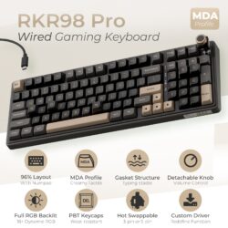 Royal Kludge R98 Pro 96% Wired Mechanical Gaming Keyboard – RGB, Hot-Swappable Cream Linear Switch, Gasket Mount, MDA PBT Keycaps, Numpad & Knob (Phantom)