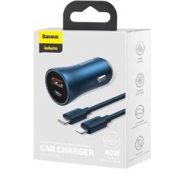 Baseus Golden Contactor Pro Dual Quick Charger Car Charger U+C 40W（With Baseus Simple Wisdom Data Cable Type-C to iP 1m）Blue - Image 4
