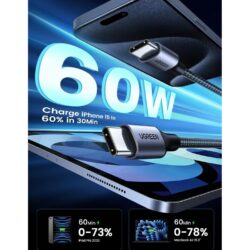 UGREEN 50152 USB C to USB C 60W Fast Charging Nylon Braided Cable 2m