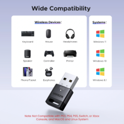 UGREEN 75073 USB Bluetooth 6.0 Adapter for PC, Bluetooth Dongle Receiver EDR & BLE, Plug & Play for Windows 11/10/8.1, for Headphone/ Keyboard/ Mouse/ Speakers/ Printer