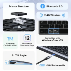 UGREEN 75163 Bluetooth 5.4+2.4G, Rechargeable, 99-Key Compact Portable Slim Silent Wireless Keyboard