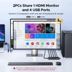 UGREEN 75246 HDMI KVM Switch 1 Monitor 2 Computers, 4 USB 3.0 Ports, 4K@60Hz USB Hub