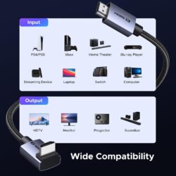 UGREEN 85242 HDMI 2.1 48Gbps, 8K@60Hz, 90° Angled Connector supports 4K@240Hz, HDR, eARC, VRR and ALLM Cable – 3m