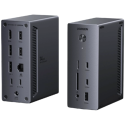 UGREEN 85489 USB-C Docking Station – 2× DisplayPort, 1× HDMI, 2× USB-C 10Gbps, 2× USB-A 10Gbps, 1× USB-A 5Gbps, 1× RJ45 Gigabit Ethernet, 1× SD card slot, 1× TF (MicroSD) card slot, 1× 3.5mm audio port, 1× USb, and 1× USB-C 100W PD input. Supports Triple 4K displays (14-in-1)