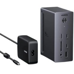 UGREEN 85489 USB-C Docking Station – 2× DisplayPort, 1× HDMI, 2× USB-C 10Gbps, 2× USB-A 10Gbps, 1× USB-A 5Gbps, 1× RJ45 Gigabit Ethernet, 1× SD card slot, 1× TF (MicroSD) card slot, 1× 3.5mm audio port, 1× USb, and 1× USB-C 100W PD input. Supports Triple 4K displays (14-in-1)