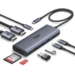 UGREEN 85774 USB-C Dual HDMI Docking Station – 2× HDMI, 2× USB-C, 1× USB-A 3.0, 1× USB-A 2.0, 1× SD card slot, 1× TF (MicroSD) card slot, and 1× USB-C PD power port. Supports Dual 4K@60Hz HDMI. (9-in-1)