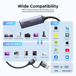 UGREEN 15389 2K@30Hz 1080P 60FPS Video Capture Card 4K Input HDMI to USB 3.0 USB Hub