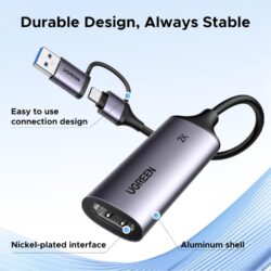 UGREEN 15389 2K@30Hz 1080P 60FPS Video Capture Card 4K Input HDMI to USB 3.0 USB Hub