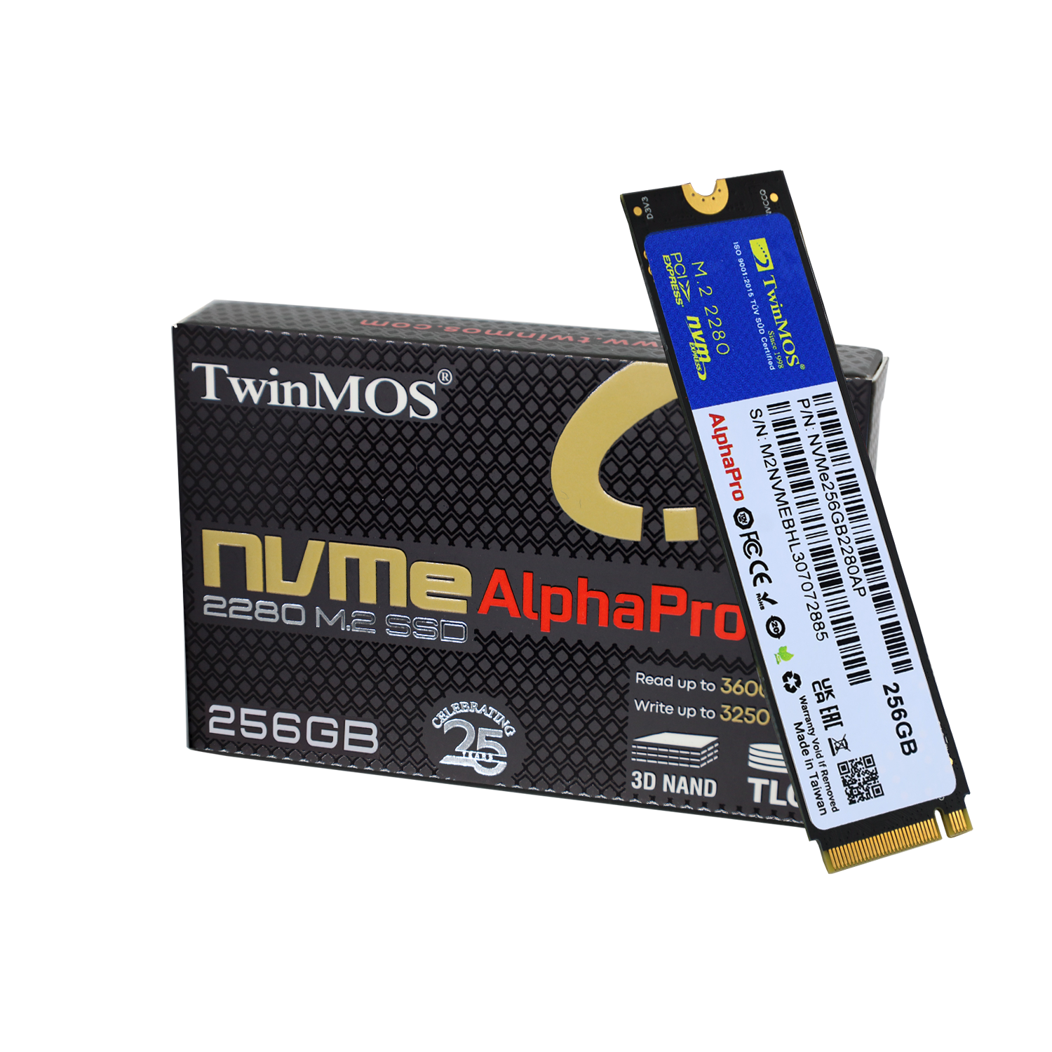 TwinMOS AlphaPro 256GB NVMe M.2 2280 SSD – product and packaging TwinMOS AlphaPro 256GB NVMe M.2 2280 SSD – product and packaging
